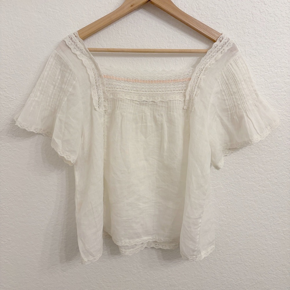 DOEN Ginger Top M Salt Lace Trim Pintuck Blouse Ramie Boho Cottagecore Prairie - Picture 4 of 13